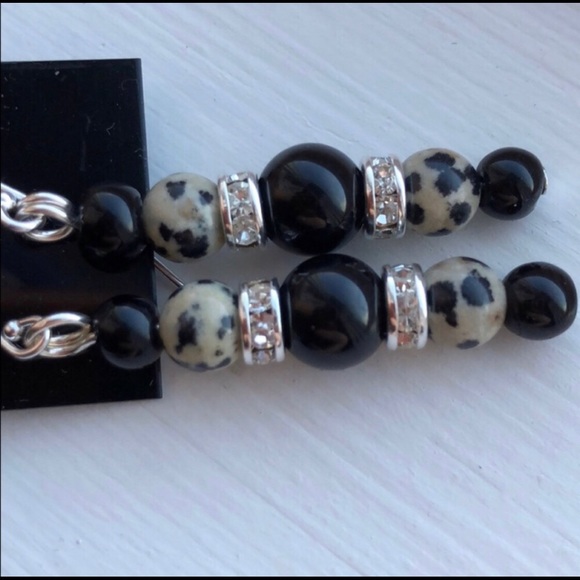 Dalmatian Jasper/Onyx/rhinestone/sterling silver earrings Handmade (by m… - Picture 5 of 6